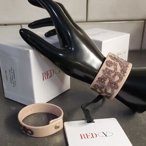 RED Valentino Pale Rose & Blace Wide Silicone Lace Print Cuff Bracelet 7"